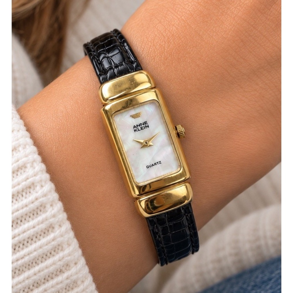 Anne Klein Womens 90s Vintage Rectangle Black Gold Tone Mother of Pearl Watch